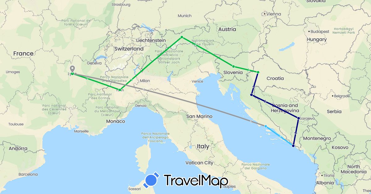 TravelMap itinerary: driving, bus, plane, boat in Austria, Bosnia and Herzegovina, France, Croatia, Italy, Slovenia (Europe)